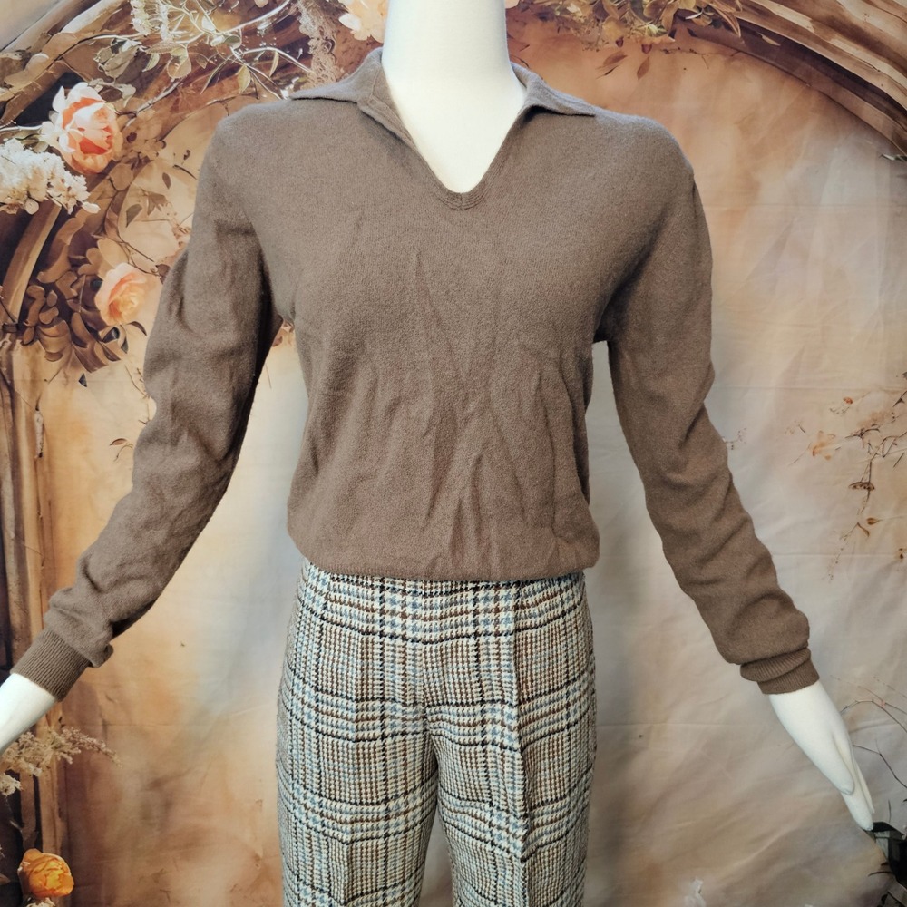Vintage 1970s Aston Sandy Brown Lambswool Blend Polo V-Neck Sweater Large